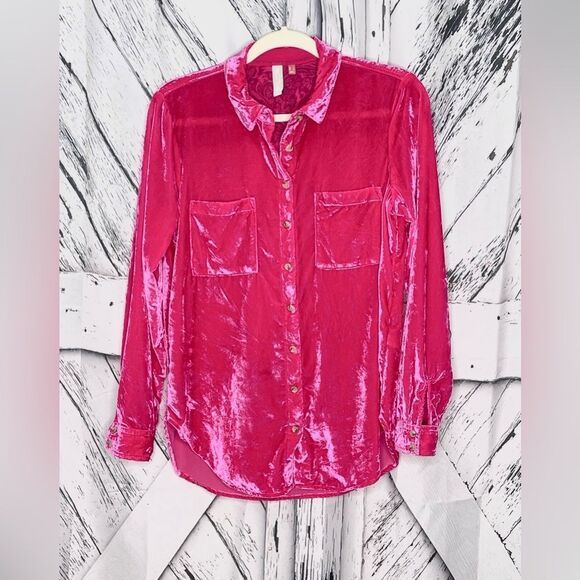 PILCRO Anthropologie Crushed Velvet Shirt Button Down Hot Pink 4 - Picture 1 of 11